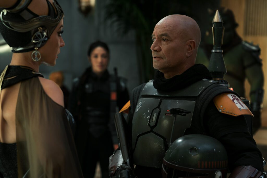 (L-R) Garsa Fwip (Jennifer Beals), Fennec Shand (Ming-Na Wen), and Boba Fett (Temuera Morrison) in Lucasfilm's THE BOOK OF BOBA FETT, exclusively on Disney+.