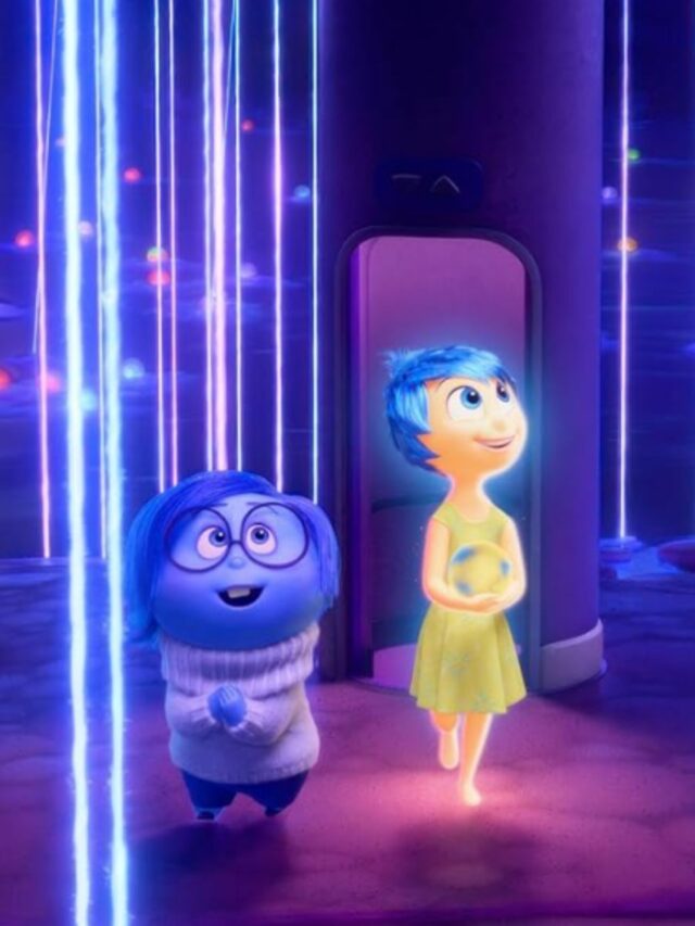 Cast of Inside Out 2, Joy and Sadness by bright lights