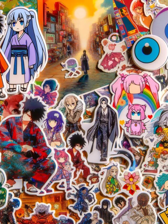 A vibrant collage featuring various anime stickers in different styles and designs