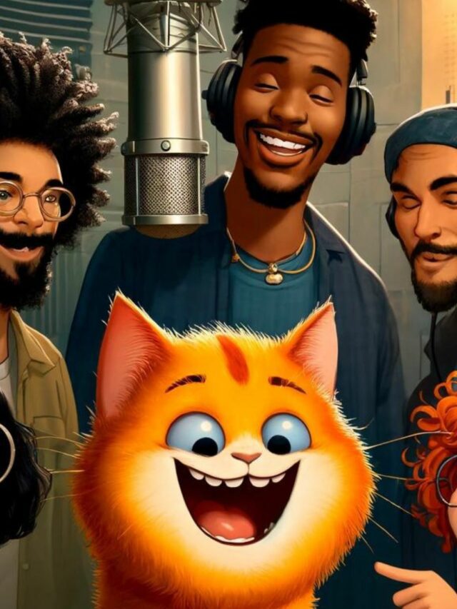A whimsical and creative representation of a voice actor team for an animated movie about a mischievous orange cat.