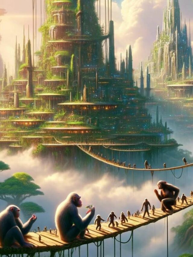 A fictional fantasy landscape depicting a kingdom of intelligent apes. The scene includes a lush, vibrant jungle with towering trees and exotic plants