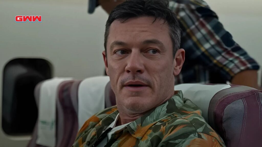 Luke Evans as John Lawlor on a tense flight, Weekend in Taipei