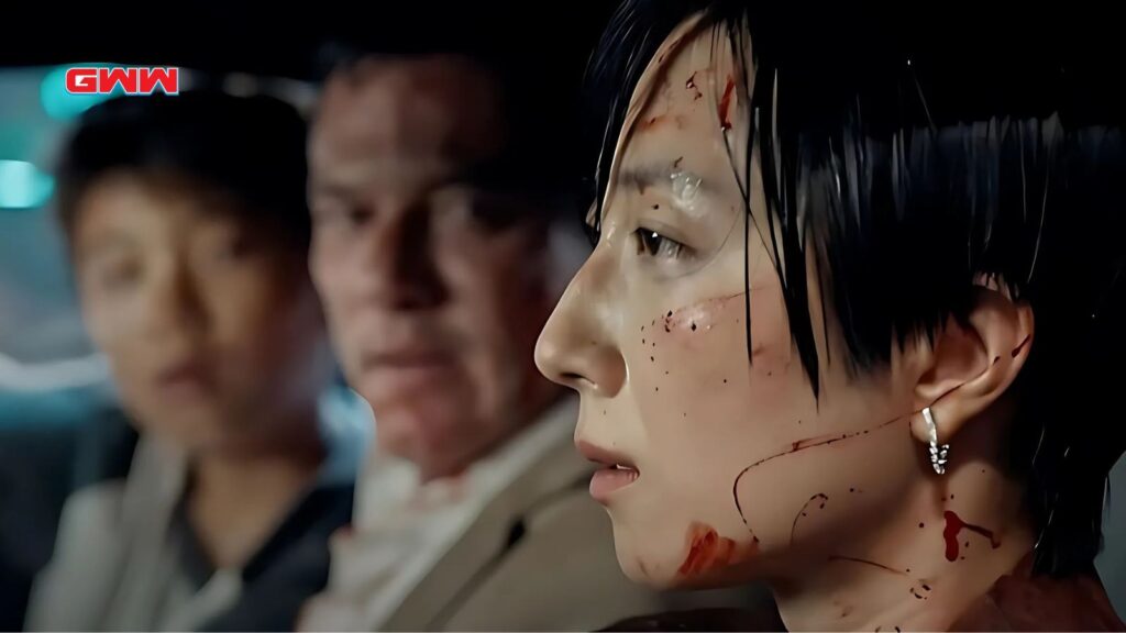 Gemma Chan appears bloodied in an intense scene, Weekend in Taipei