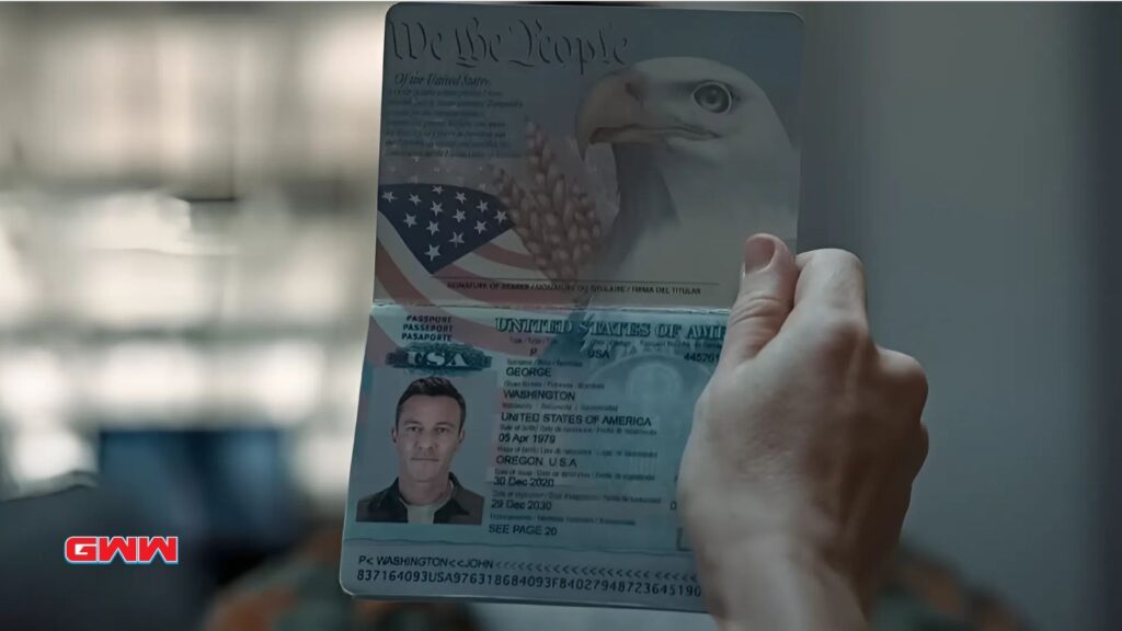 Luke Evans holds passport as DEA agent John Lawlor, Weekend in Taipei