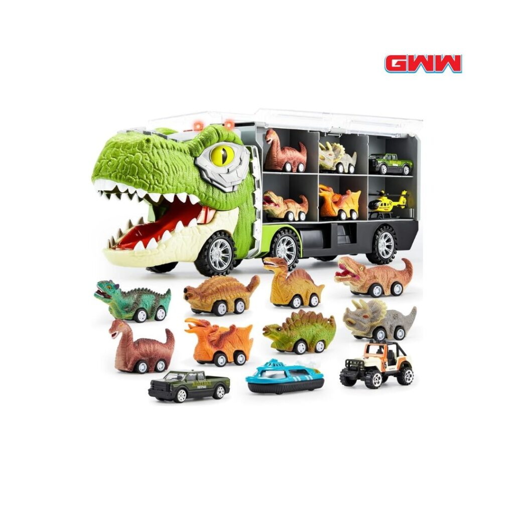 JOYIN 13 in 1 Dinosaur Truck with 12 Pull Back Cars