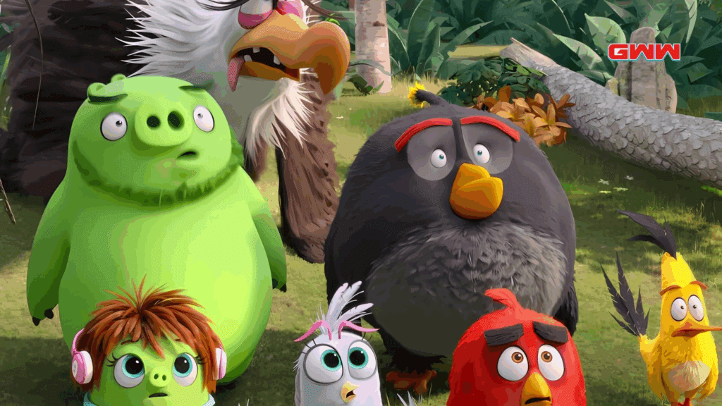 Red, Chuck, Leonard, and pigs watching something in The Angry Birds Movie 2