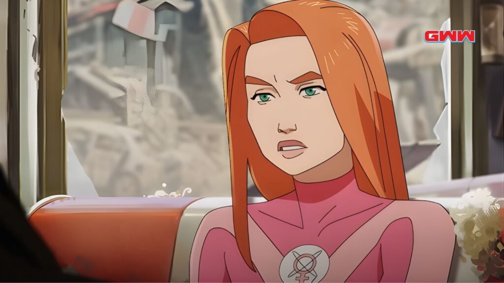Atom Eve arguing with Invincible inside destroyed diner from Invincible Season 4