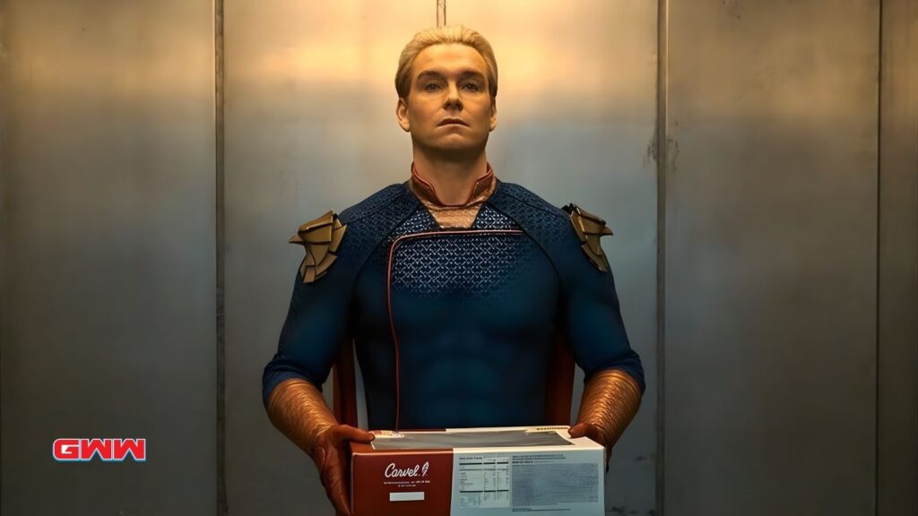 Antony Starr as Homelander holding Carvel cake inside elevator in The Boys
