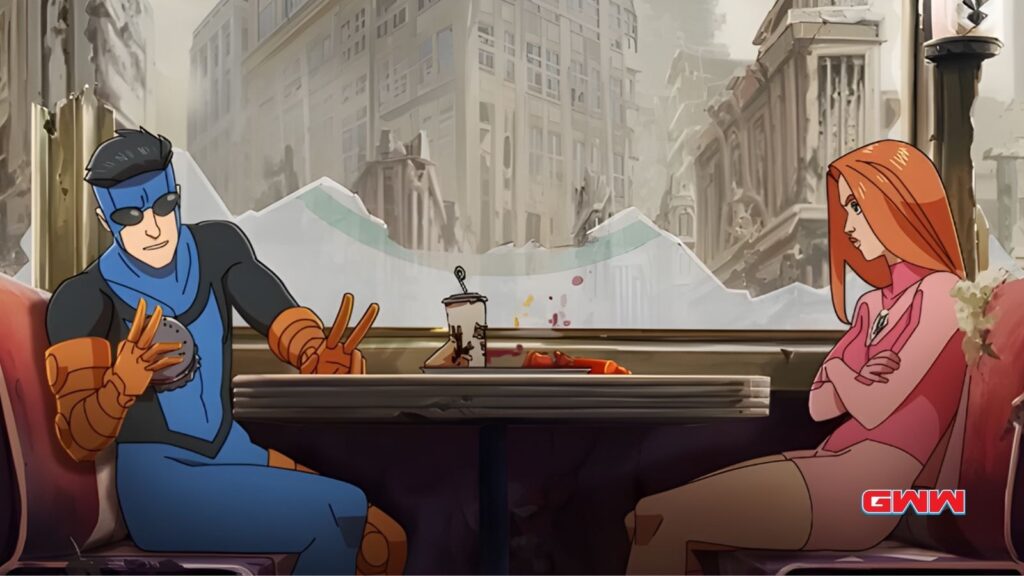 Invincible and Atom Eve sitting in ruined diner from Invincible Season 4