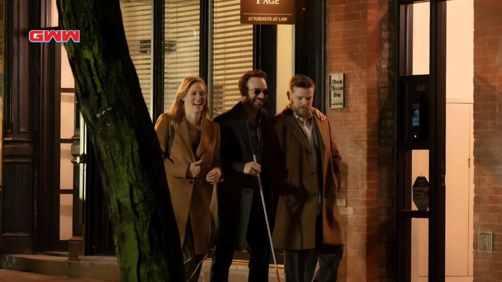Deborah Ann Woll, Charlie Cox, and Elden Henson in Daredevil: Born Again