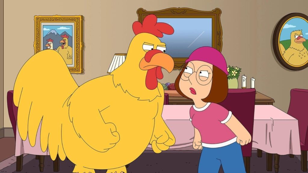 Meg Griffin arguing with Ernie the Giant Chicken in Family Guy Season 23