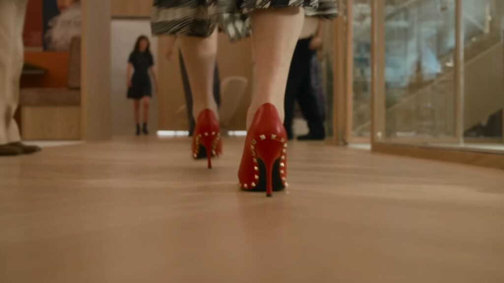 Close-up of red Valentino heels walking scene from The Devil Wears Prada 2 trailer