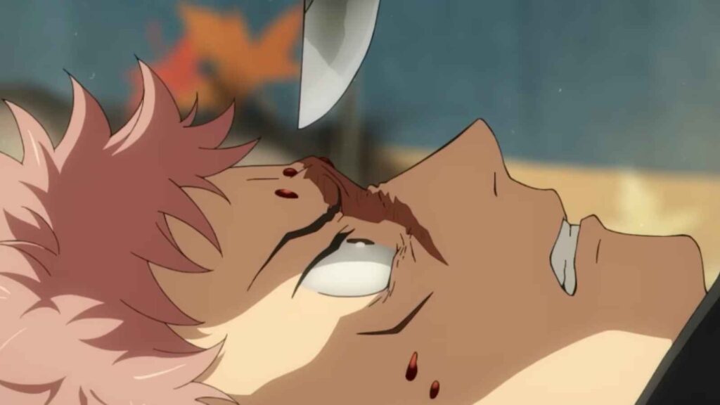 Yuuji Itadori facing blade overhead in Jujutsu Kaisen Season 3