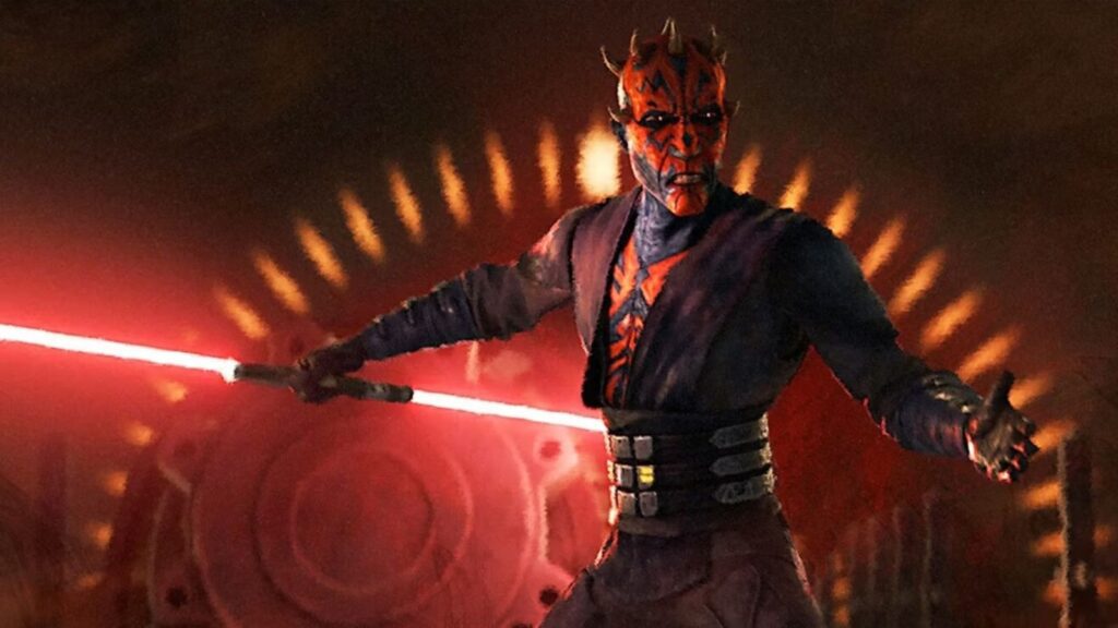 Darth Maul with lightsaber in shadowy scene voiced by Sam Witwer from Maul Shadow Lord