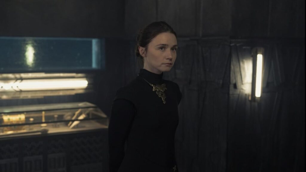 Olivia Williams in black outfit as Tula Harkonnen in Dune: Prophecy Season 1