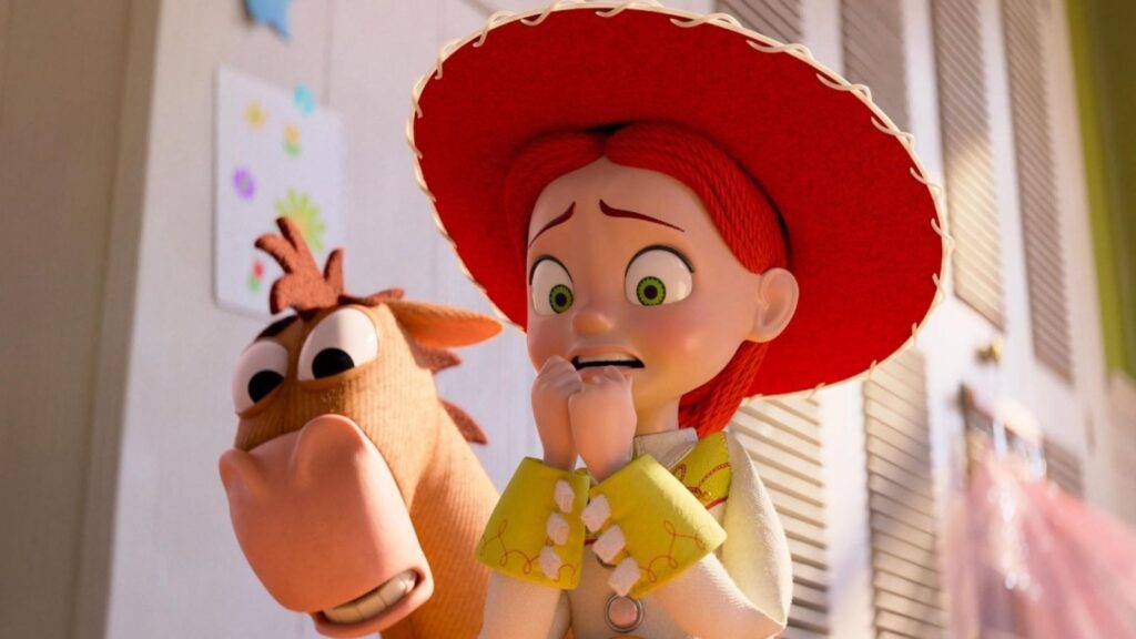 Jessie looks nervous beside Bullseye in Bonnie&rsquo;s room scene from Toy Story 5
