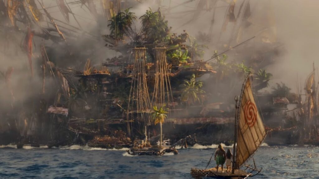 Moana and Maui sailing toward the island with towering structures and canoes in Moana Live Action.