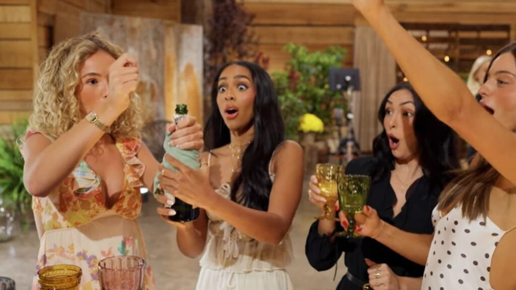 Ladies celebrate with champagne surprise moment, from Farmer Wants a Wife Season 4