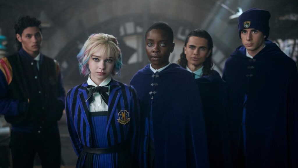 Oliver Watson, Emma Myers, Joy Sunday, Noah B. Taylor , and Georgie Farmer in Wednesday season 2.