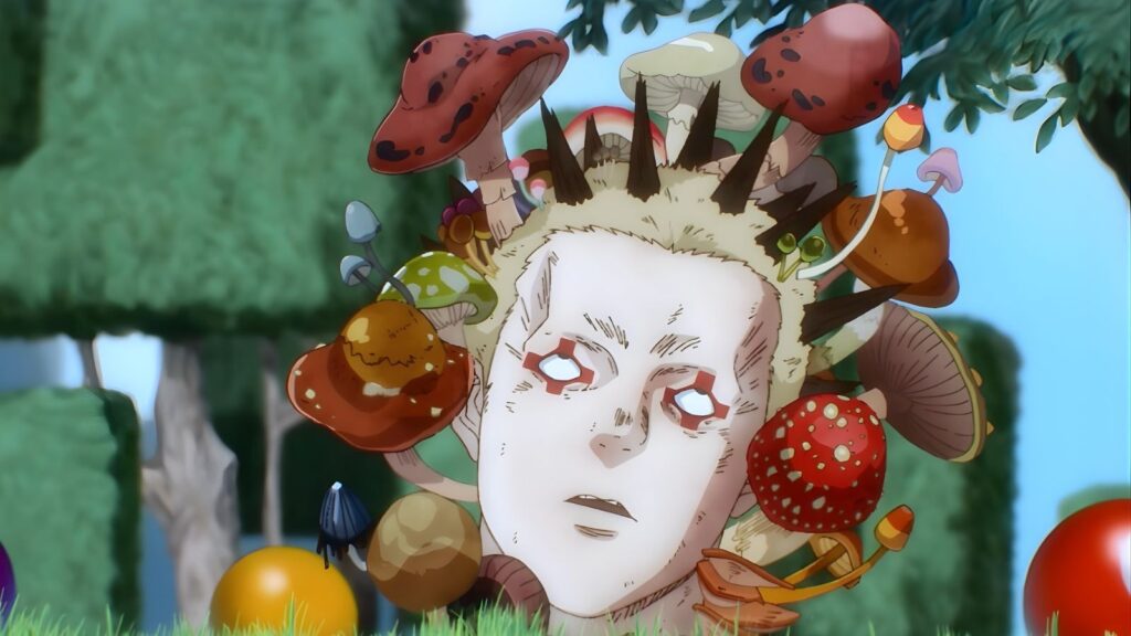 En stands with mushrooms sprouting from head in garden clearing, from Dorohedoro season 1