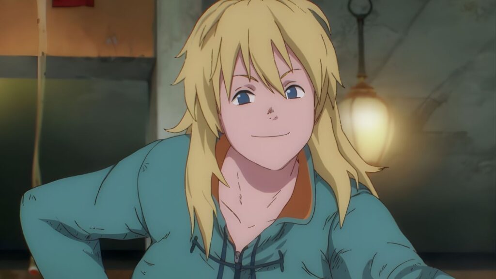 Noi smiles warmly wearing teal jacket inside dim room Dorohedoro sorcerer, from Dorohedoro season 1