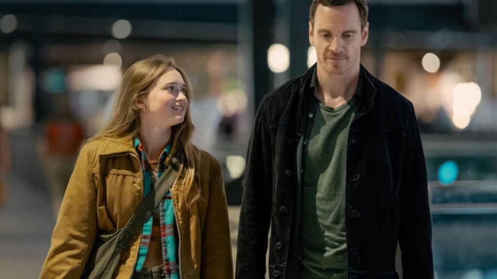 Michael Fassbender and co-star share quiet moment at night, from The Agency season 1