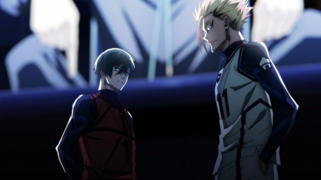 Rin Itoshi facing Michael Kaiser under stadium lights, from Blue Lock season 2