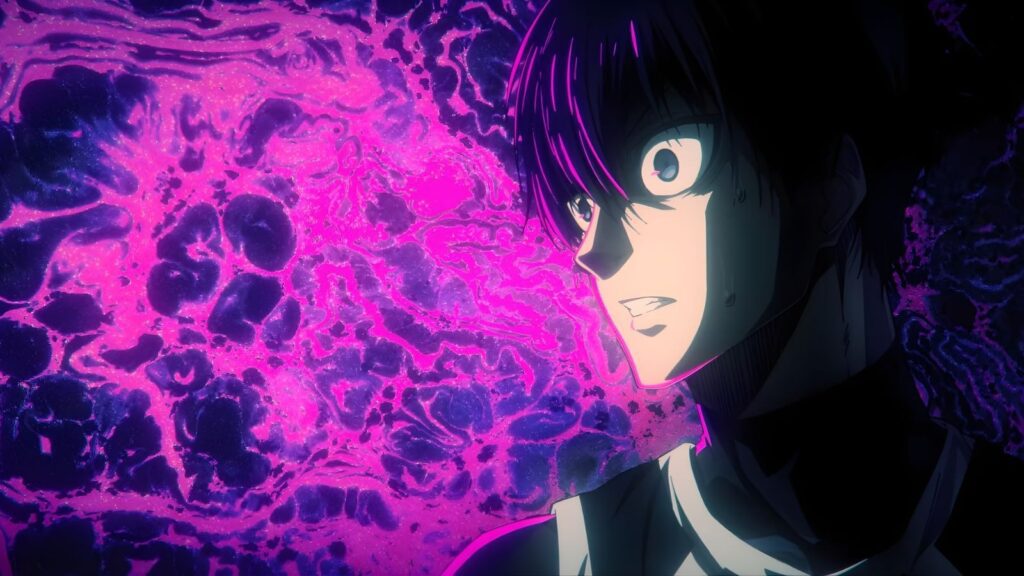 Yoichi Isagi intense close up with glowing ego aura, from Blue Lock season 2