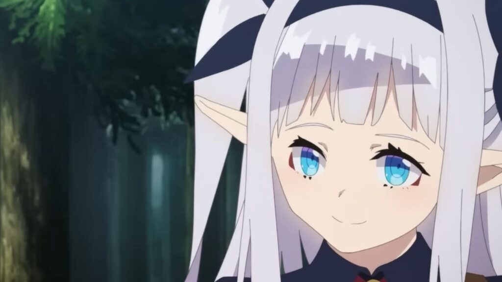 Rurushi Ru smiling softly in forest scene with Hiraku, from Farming Life in Another World season 2