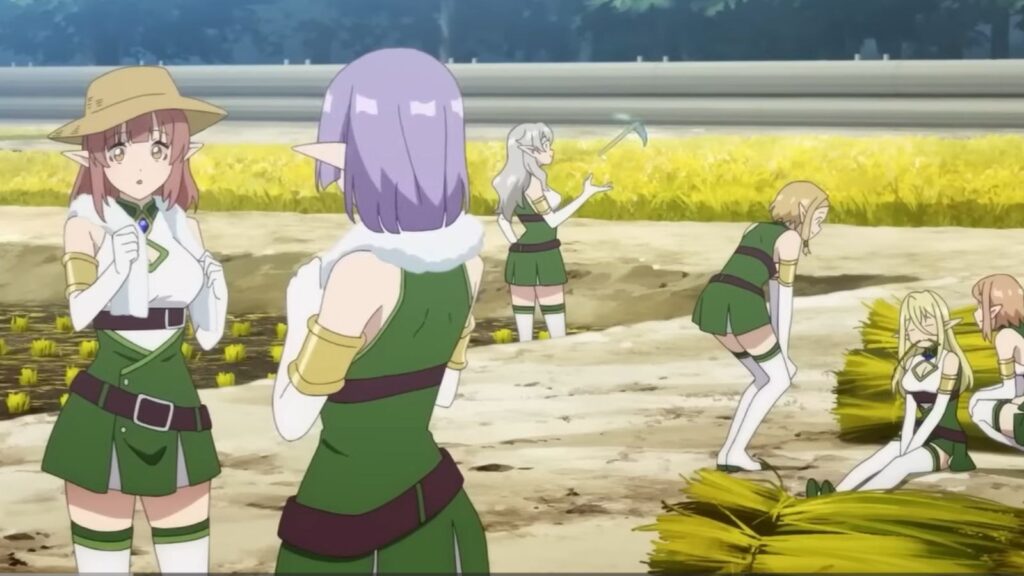 Ria, Tia, and Ru harvesting crops in Great Tree Village, from Farming Life in Another World season 2