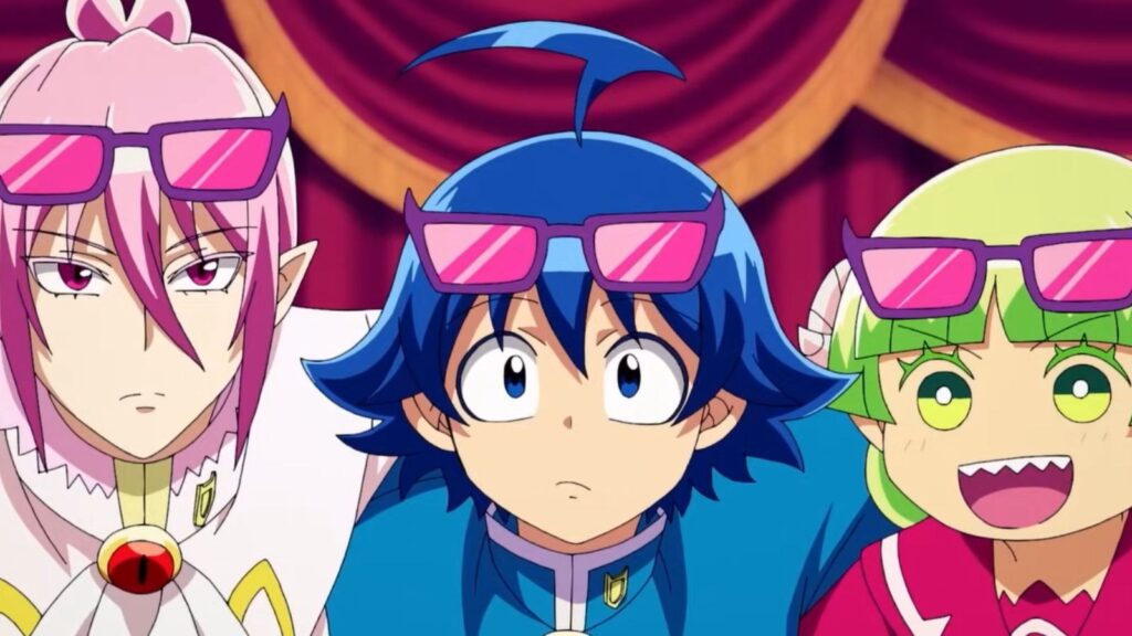 Iruma Suzuki, Alice Asmodeus, Clara Valac wearing pink glasses, from Welcome to Demon School Iruma-Kun season 2