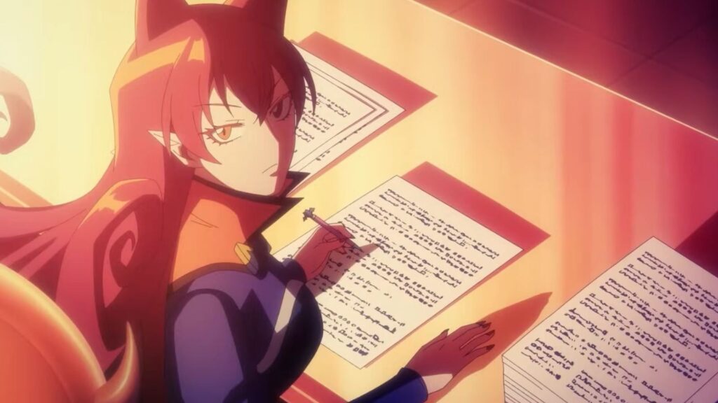 Ameri Azazel reviewing documents at desk in student council room, from Welcome to Demon School Iruma-Kun season 2