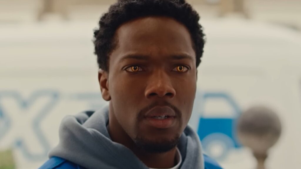 Josh Tedeku as Tazer reveals glowing eyes with shock in Supacell