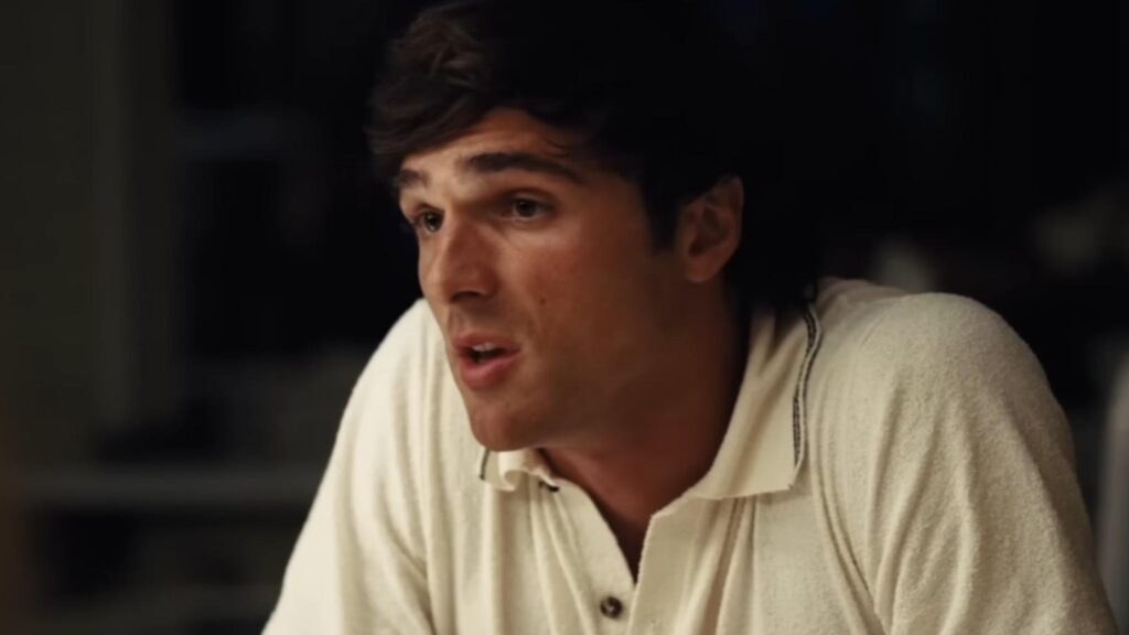 Jacob Elordi concerned expression during tense dinner conversation scene in Euphoria Season 3