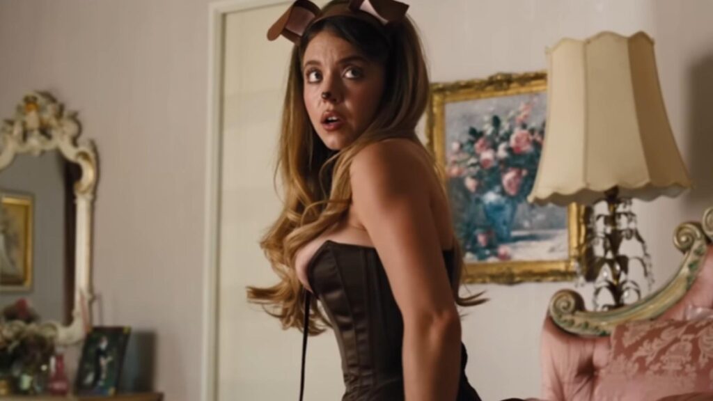 Sydney Sweeney startled wearing bow headband corset outfit in Euphoria Season 3