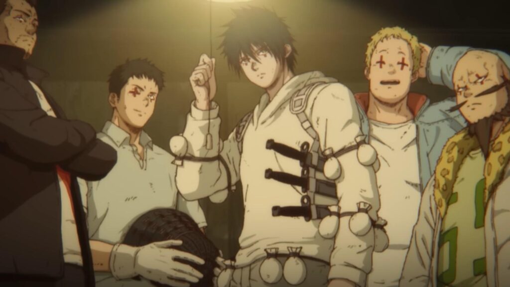 Caiman faces Cross-Eyes gang Wataru Takagi Reina Kondo in Dorohedoro Season 2