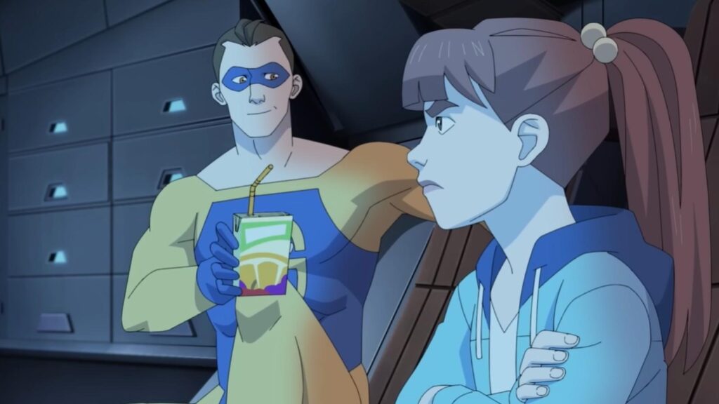 Rex Splode Jason Mantzoukas offering drink to Atom Eve Gillian Jacobs in Invincible Season 4