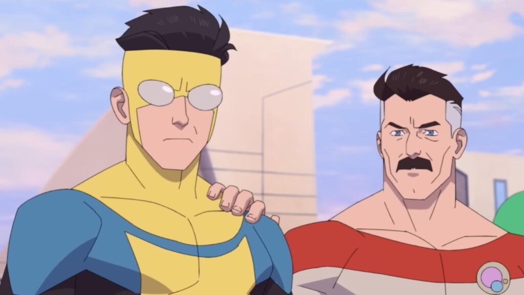 Invincible voiced by Steven Yeun leading heroes battle formation including Omni-Man J.K. Simmons in Invincible Season 4