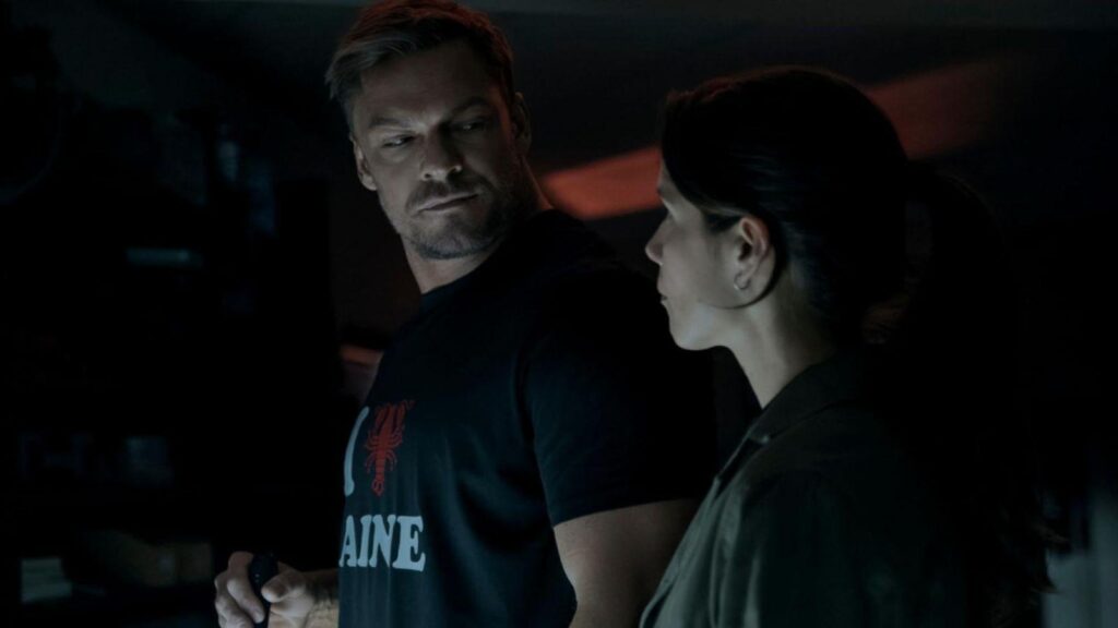 Alan Ritchson and Willa Fitzgerald intense scene close interaction Reacher, from Reacher season 3