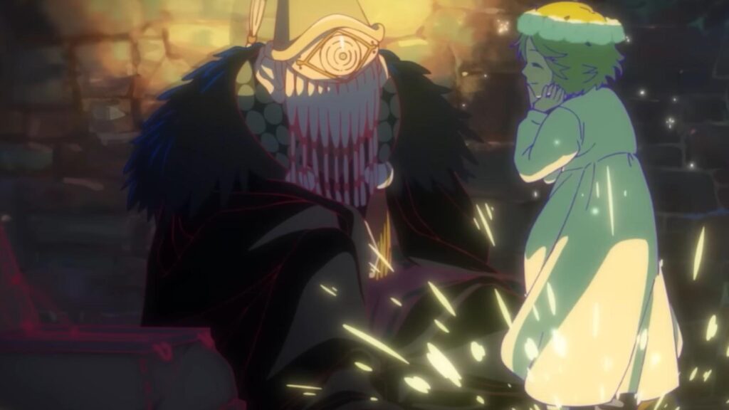 Coco as child beside masked monster encounter scene in Witch Hat Atelier