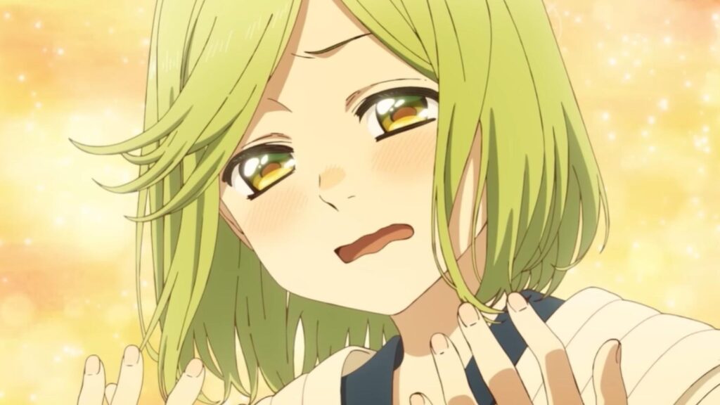 Coco emotional closeup smiling hands raised glowing background in Witch Hat Atelier