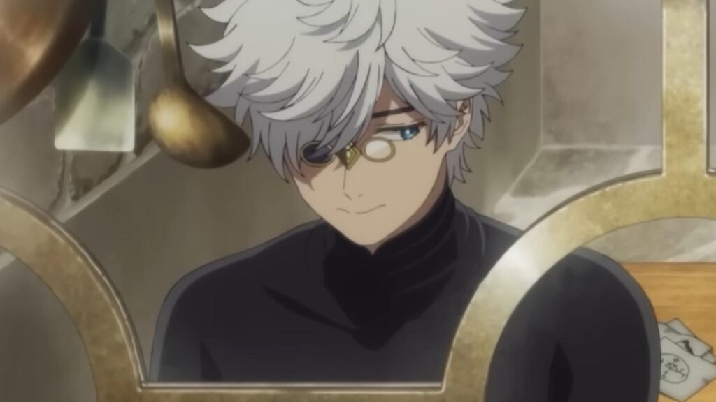 Qifrey smiling gently with monocle writing at desk in Witch Hat Atelier