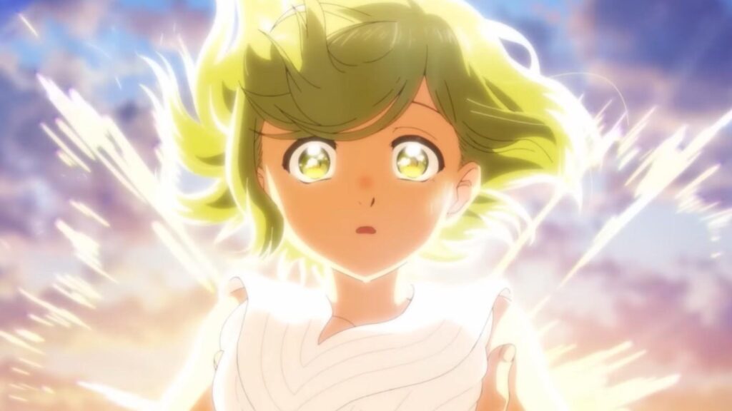 Coco glowing awakening eyes shining surrounded by light in Witch Hat Atelier