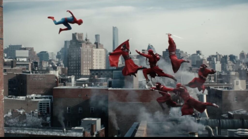 Tom Holland Spider-Man battles The Hand ninjas rooftop fight New York, from Spider-Man Brand New Day