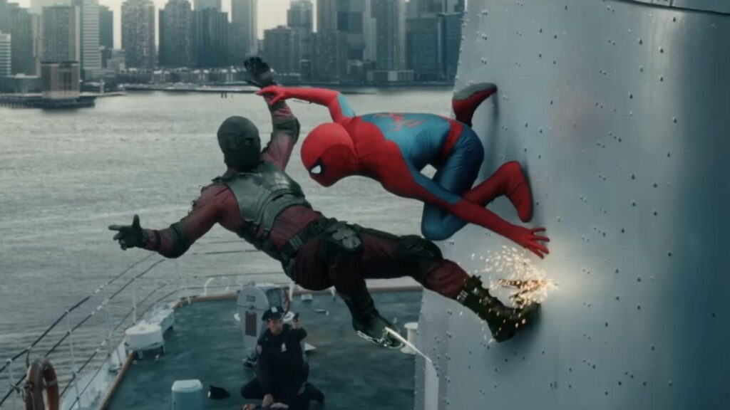Tom Holland Spider-Man fights Jon Bernthal Punisher on ship action scene, from Spider-Man Brand New Day
