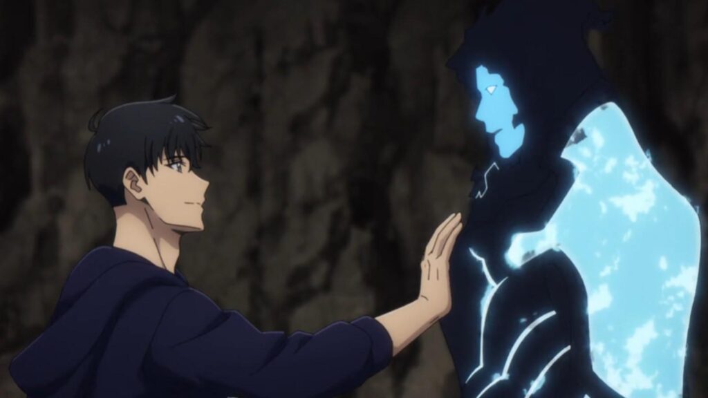 Sung Jin-woo touching shadow soldier glowing figure in Solo Leveling season 2