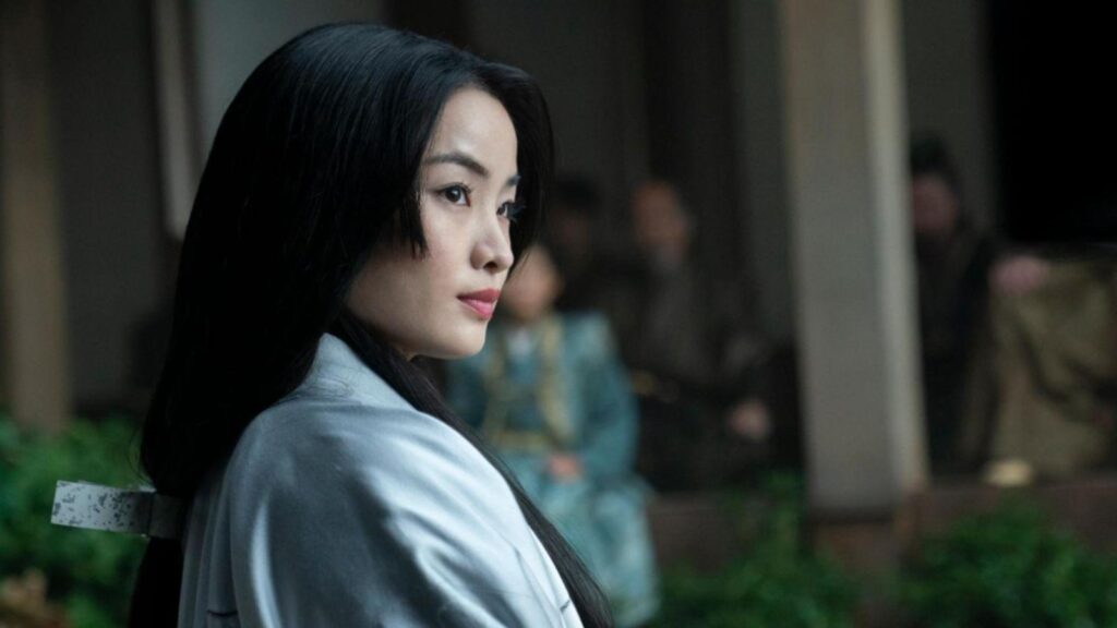 Anna Sawai as Lady Mariko looking back in palace garden scene, from Shogun season 1
