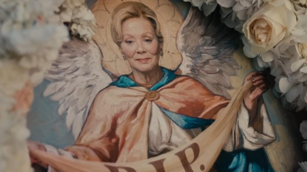 Jean Smart portrayed in angelic mural scene in Hacks Season 5