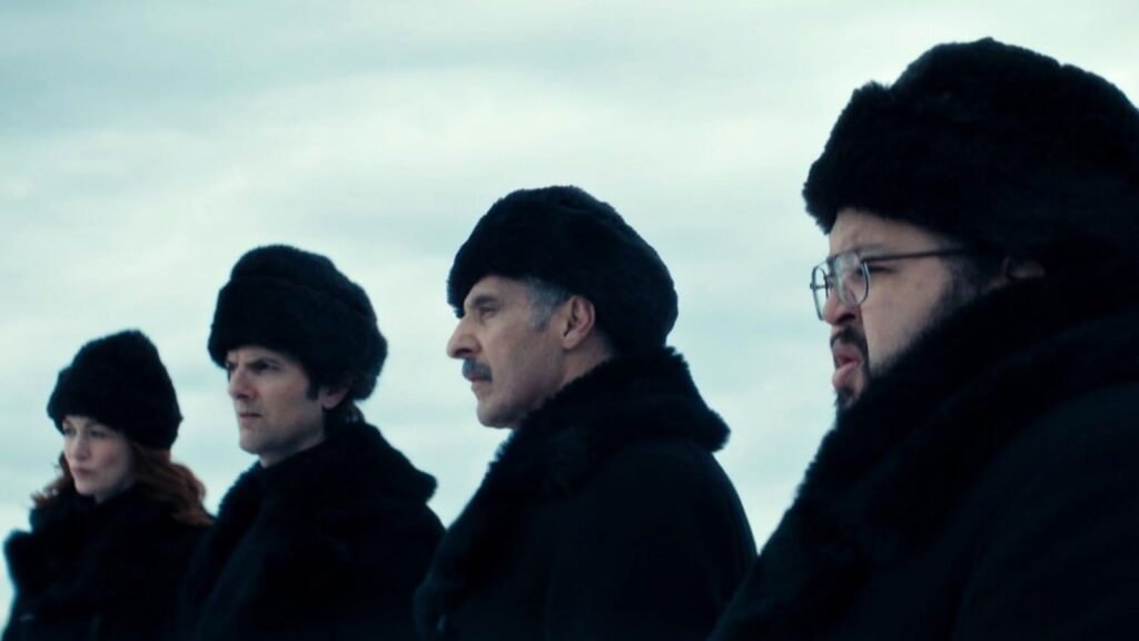  Britt Lower, Adam Scott, John Turturro, and Zach Cherryin Severance season 2.