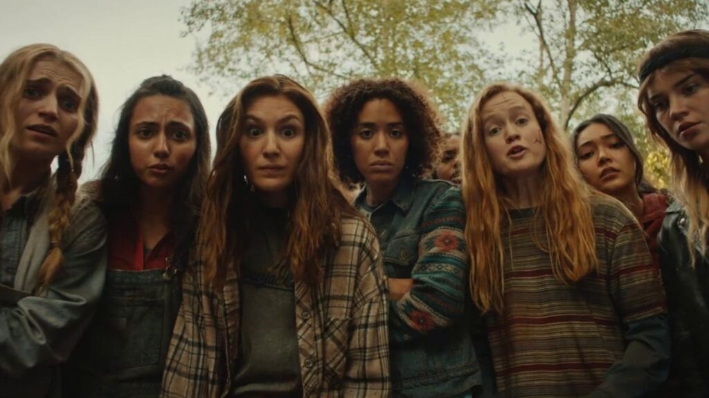 Sophie Nélisse, Jasmin Savoy Brown, Liv Hewson, Jenna Burgess, Sophie Thatcher, and Alexa Barajas in Yellowjackets season 3